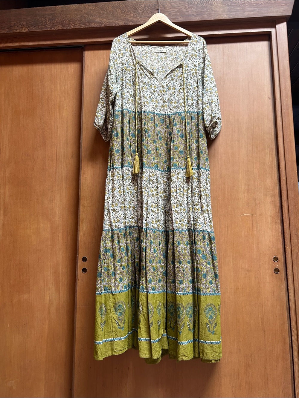 Natural Life Bohemian Floral Tiered Maxi Dress in Olive Green